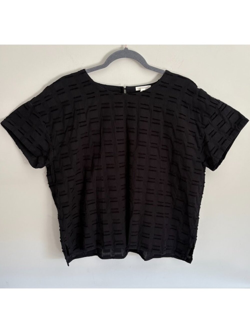 Eileen Fisher Size L Organic Cotton Shadow Square Top Black Polished Textured
